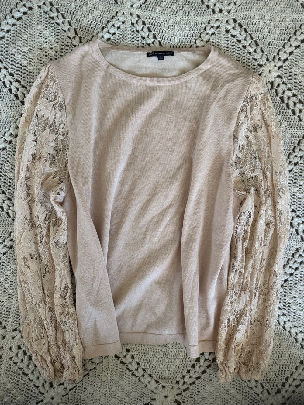 Adrianna Papell Blush Pink Lace Sleeve Sweater